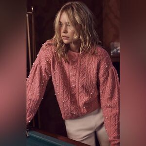 Something Navy Shelby Wool Blend Chunky Cable Knit Pearl Pink Sweater Large